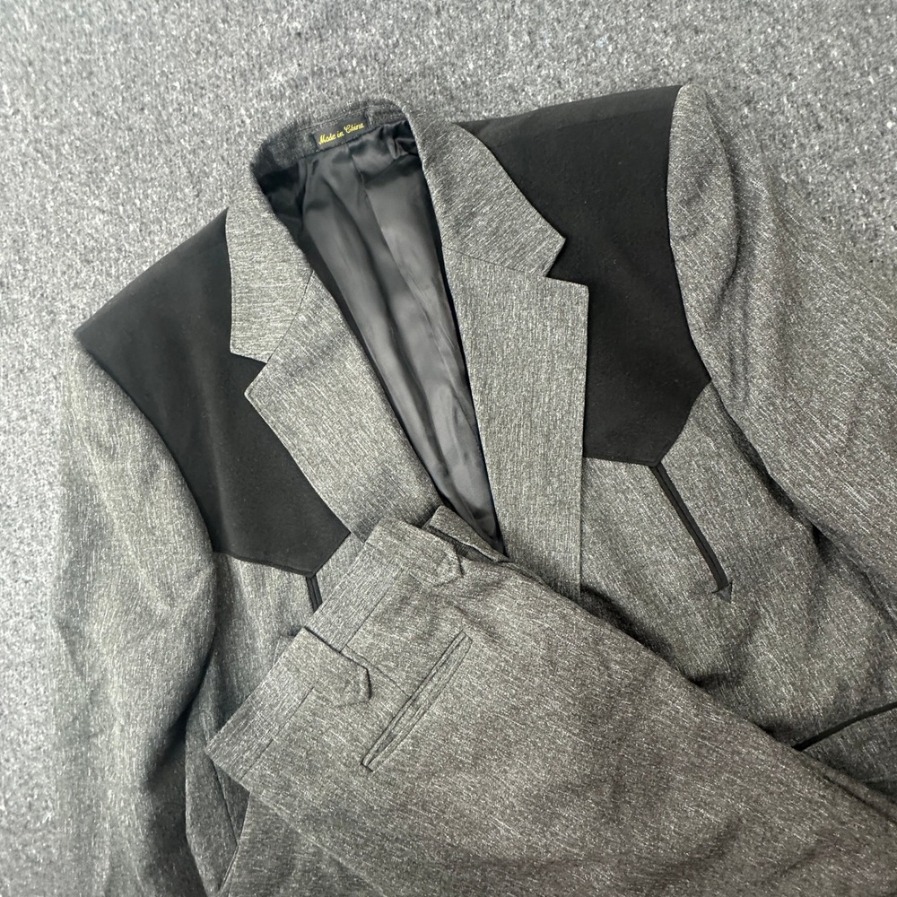 Circle S Mens Western Suit 2 Piece Set 52R 38 Grey Black Contrast Pearl Snap Yok